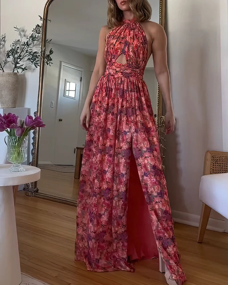Isa Luna | Vestido maxi con espalda descubierta y estampado floral