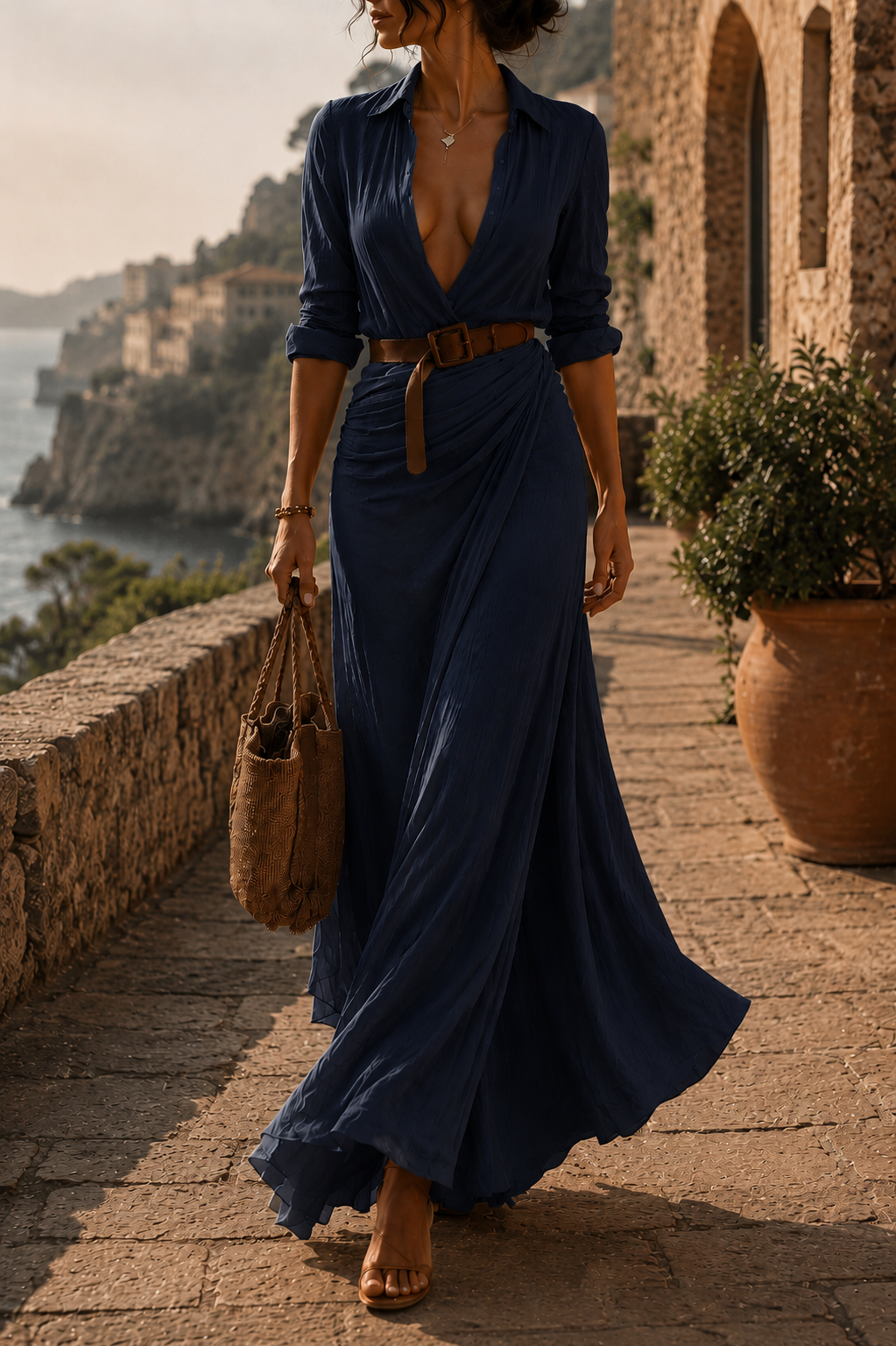 Martina™ | Vestido largo drapeado con cinturón
