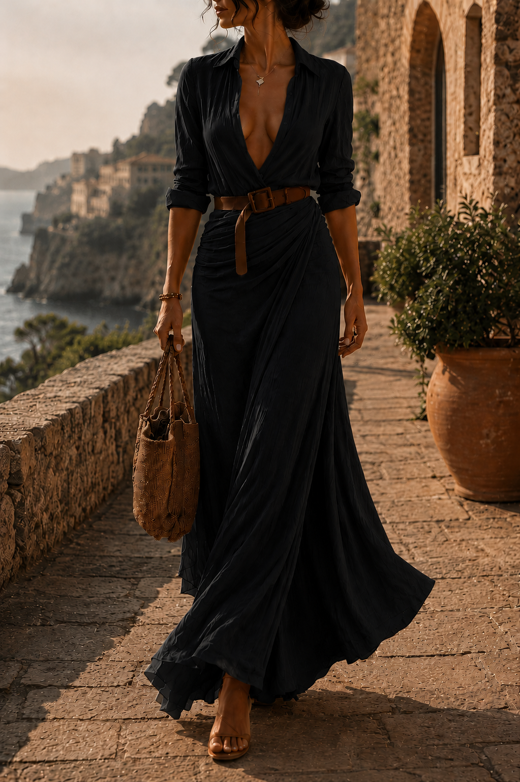 Martina™ | Vestido largo drapeado con cinturón