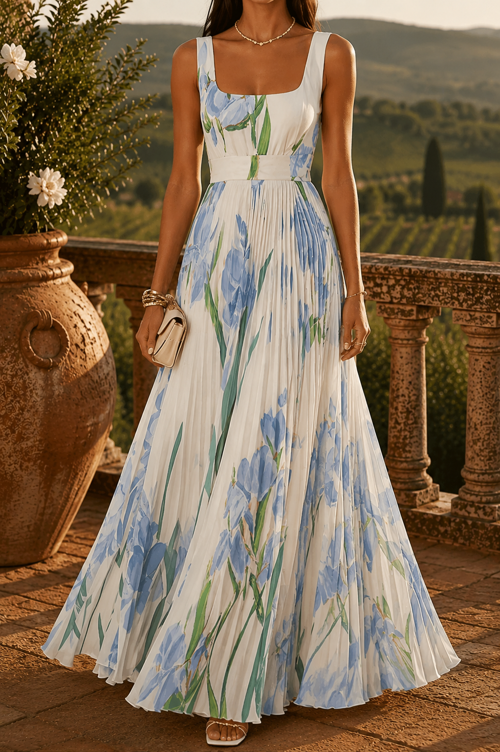 Alba™ | Vestido largo plisado con estampado floral