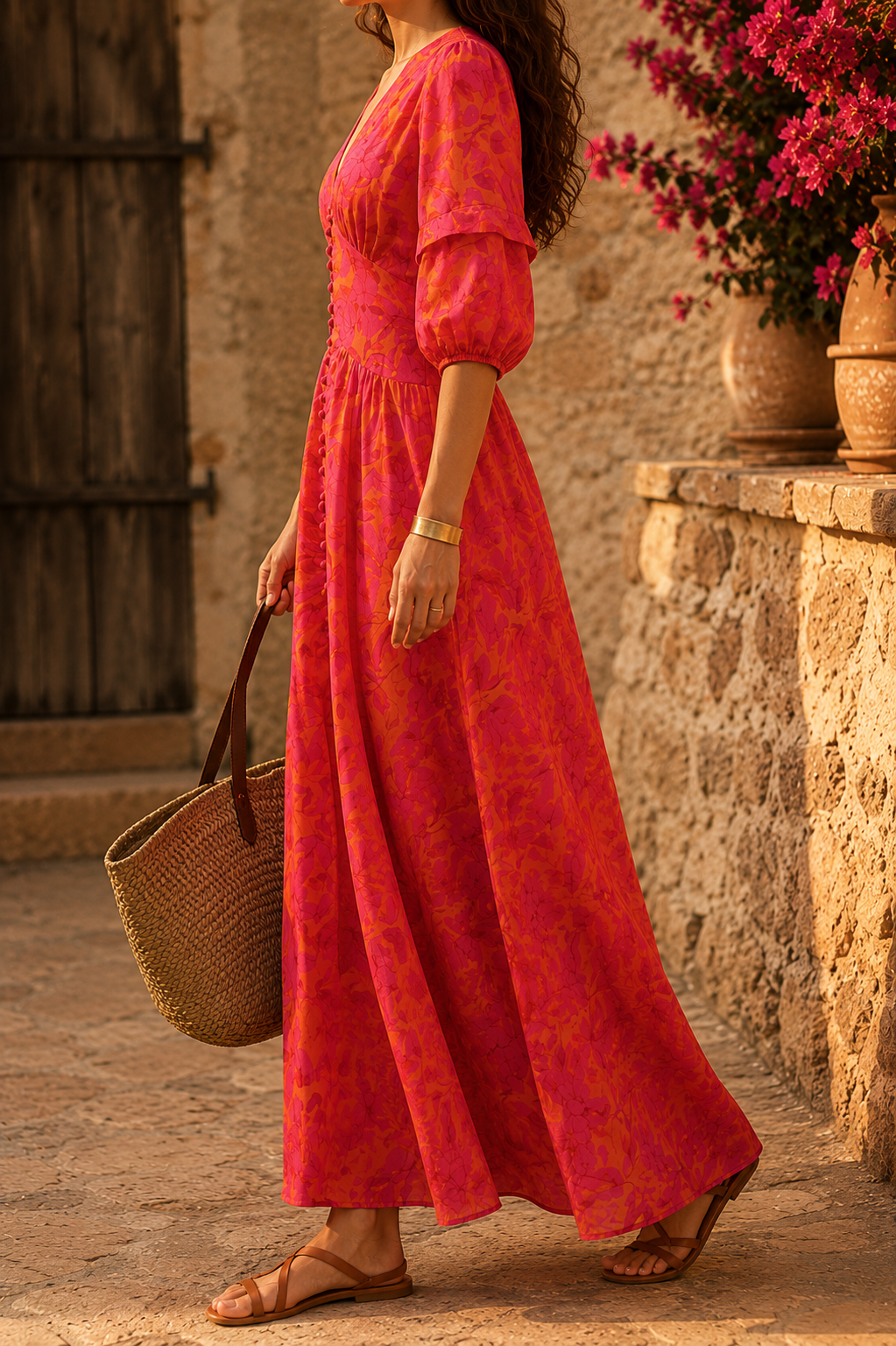 Marina™ | Vestido largo resort chic rosa y naranja