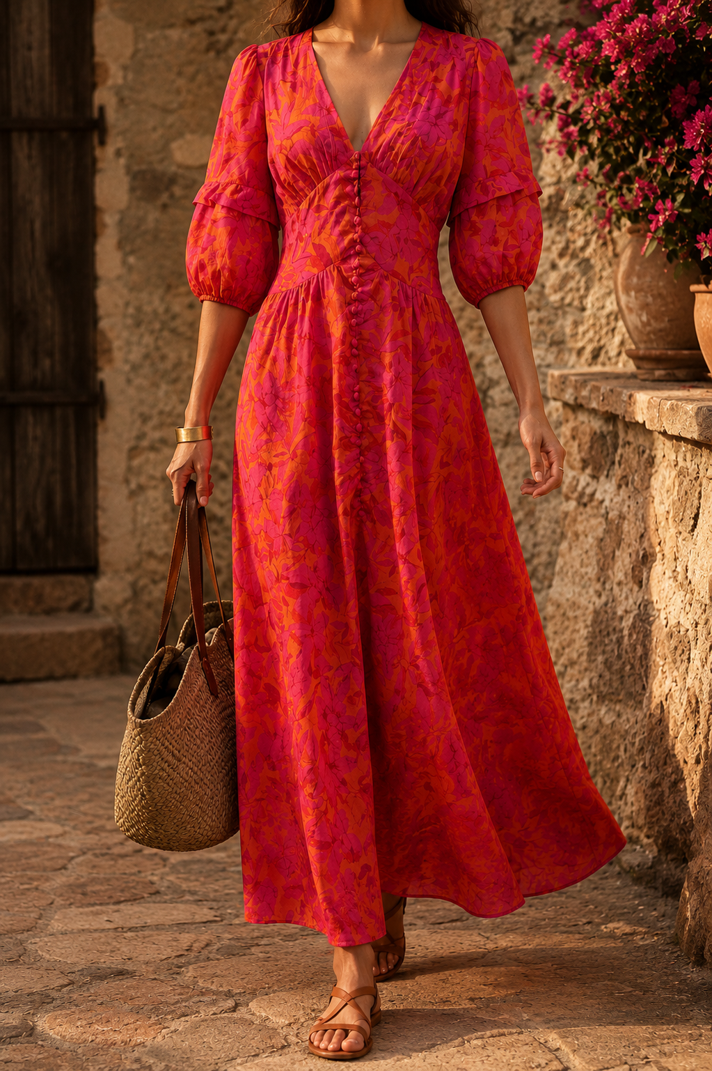 Marina™ | Vestido largo resort chic rosa y naranja