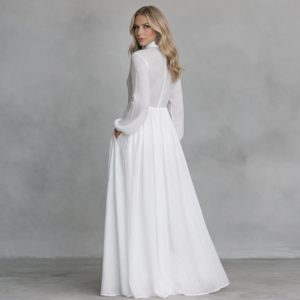 Elisa – Vestido Maxi Minimalista con Patchwork y Cuello Alto